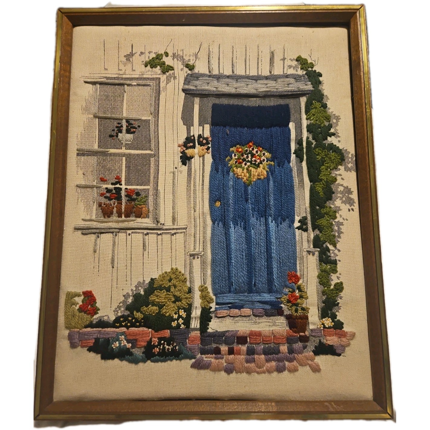 Vtg Framed 3-D Cruel Embroidery Scene Garfen Door And Window 19 X 15 In