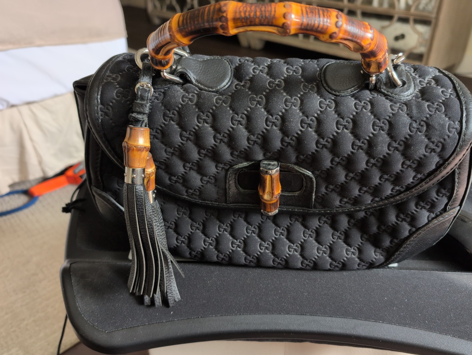 GUCCI GG NEOPRENE BAMBOO HANDLE LARGE FLAP TOP HANDLE SATCHEL BAG