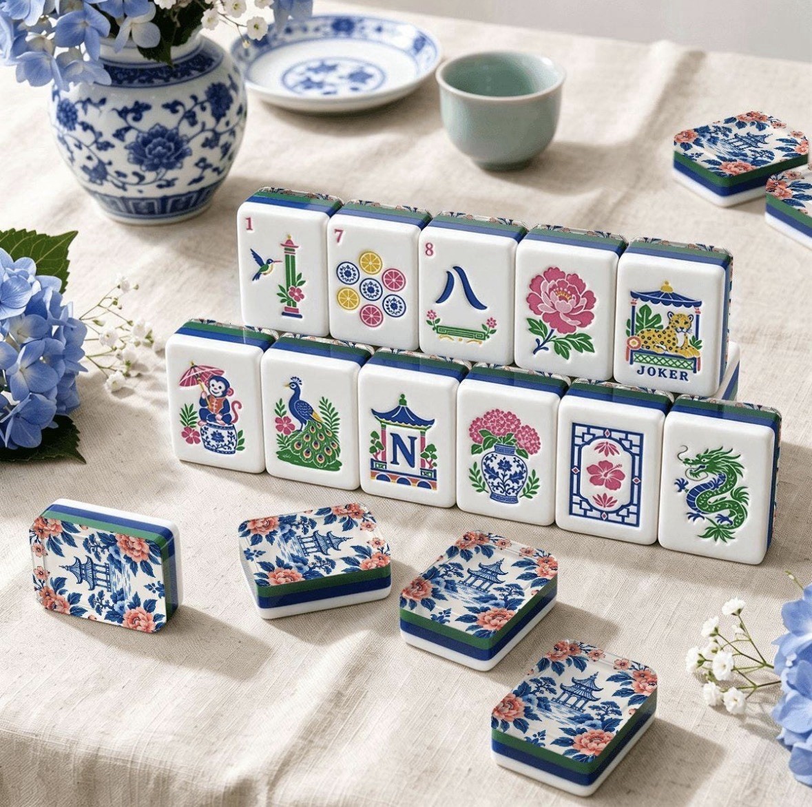 Premium Chinoiserie Blue & White Floral 160 Acrylic American Mahjong Tiles