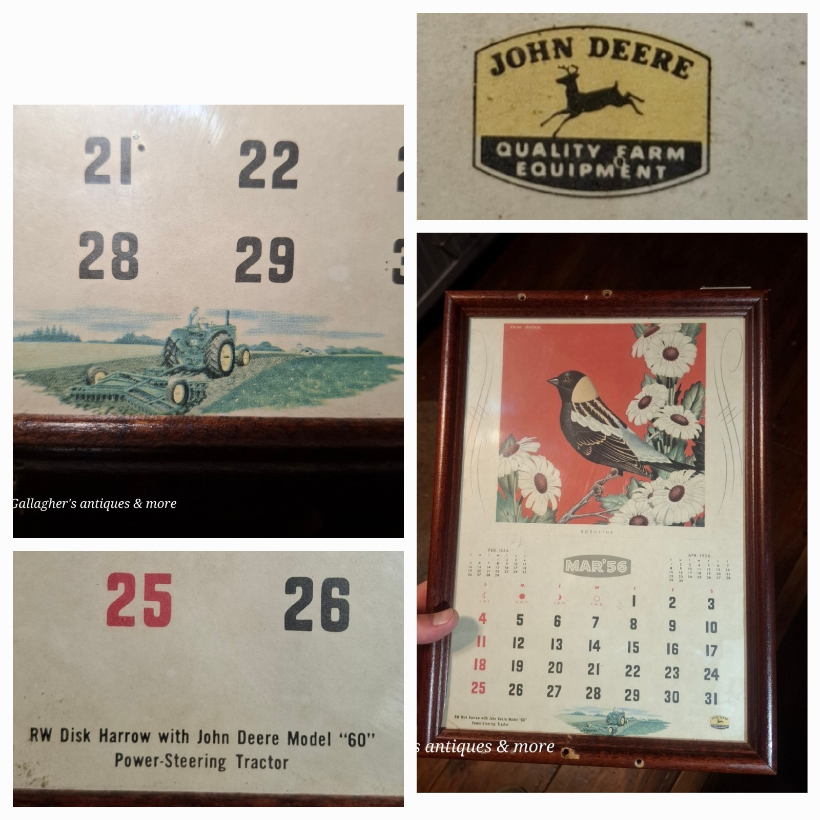 Framed Vintage 1956 JOHN DEERE Calendar Model 60 Power-Steering Tractor & Bird
