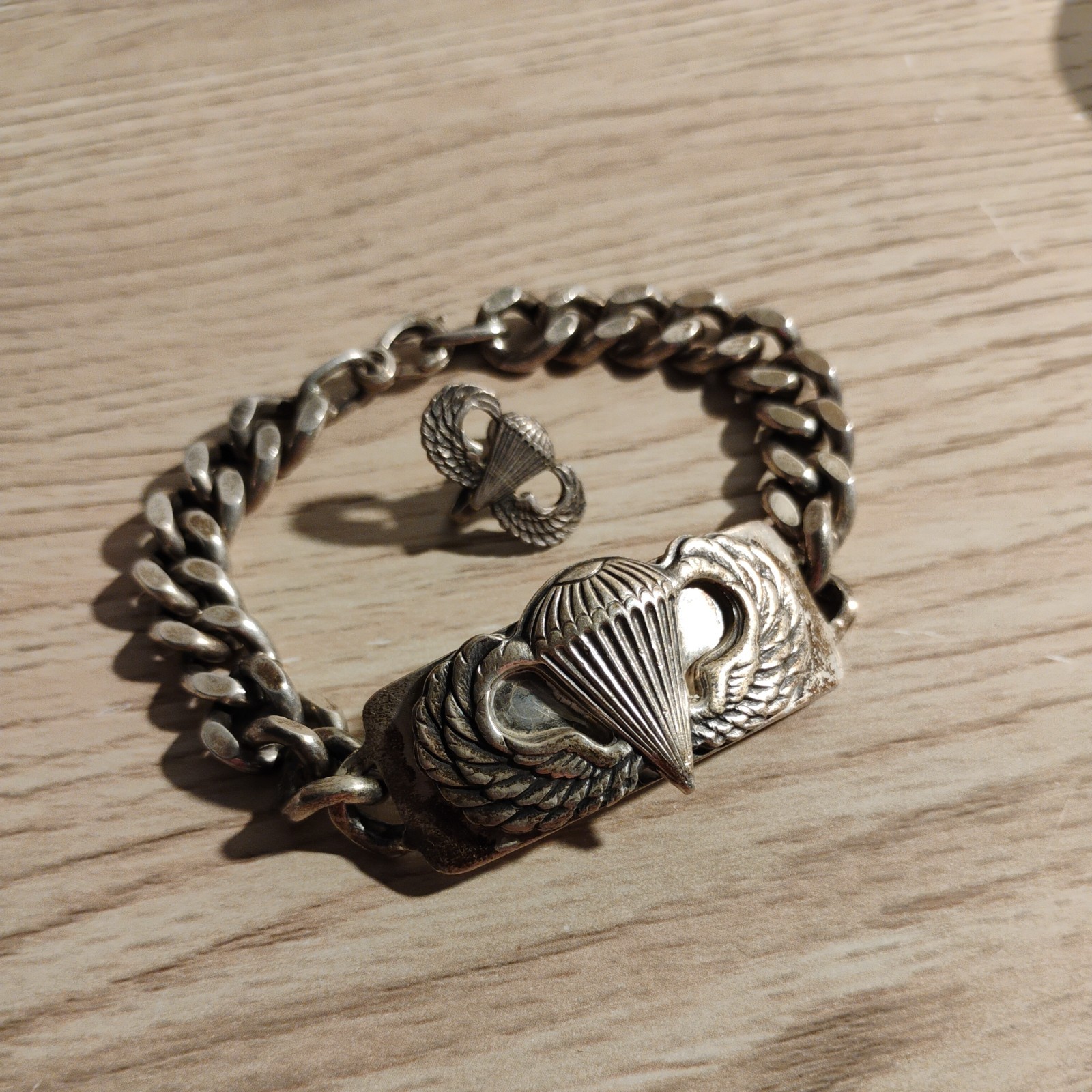 WWII US Army Airborne paratrooper jump wings Sterling bracelet/1 earring 58Grams