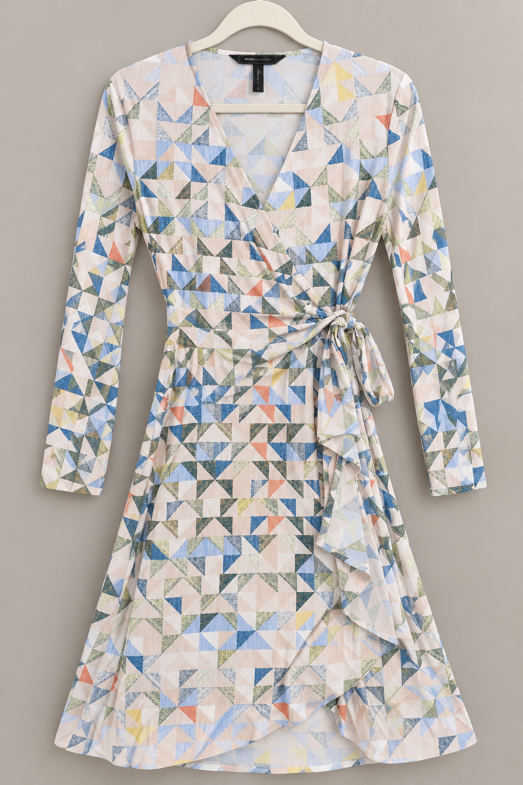 BCBGMAXAZRIA Adele Wrap Dress Womens S Geometric Print Long Sleeve Ruffle