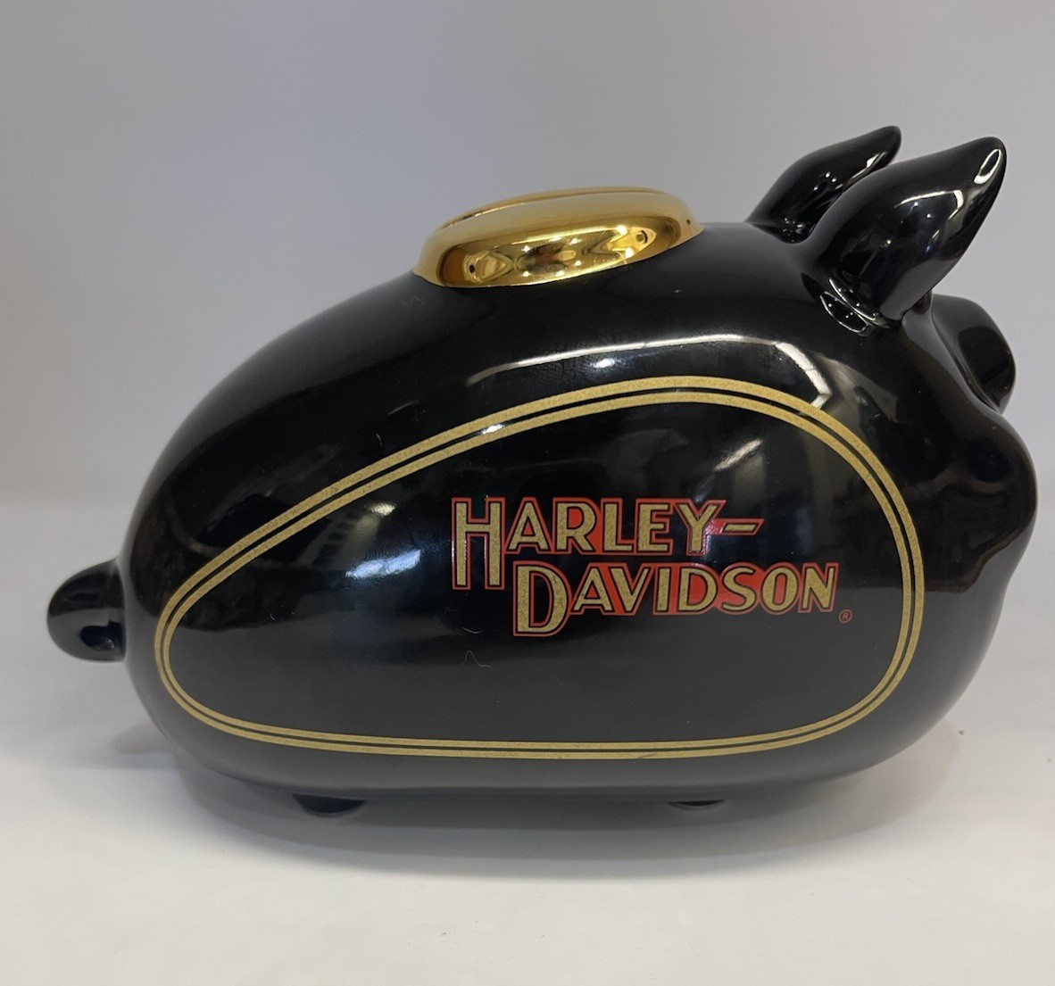 VTG Harley Davidson HOG Piggy Bank Gas Tank GOLD CAP Black Logo 2002 w/ Stopper
