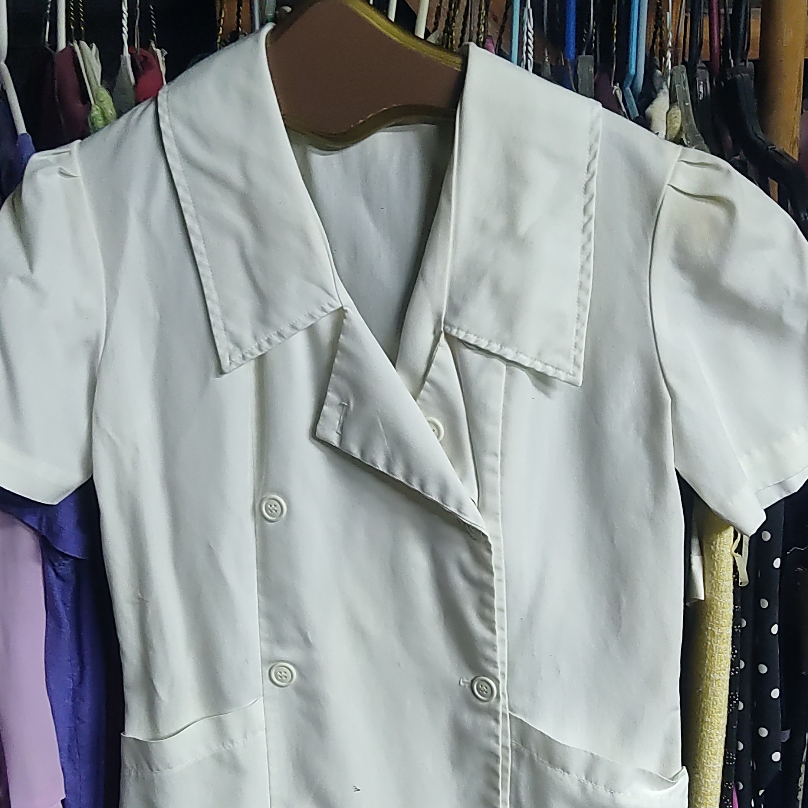 Vintage 70s 80s Uniflair Nurse Uniform Dress White Double Breasted Pleated Mod