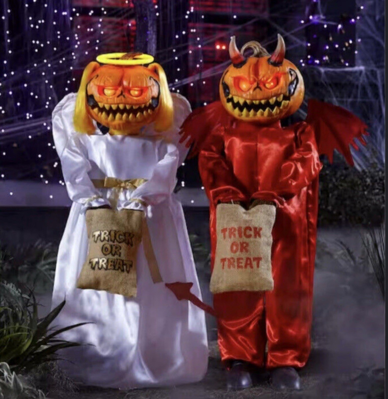Home Accents Halloween Animated LED Good And Evil Pumpkin Twins 3 Ft NIB Retired Home Accents Halloween Animated LED Good And Evil Pumpkin Twins 3 Ft NIB Retired