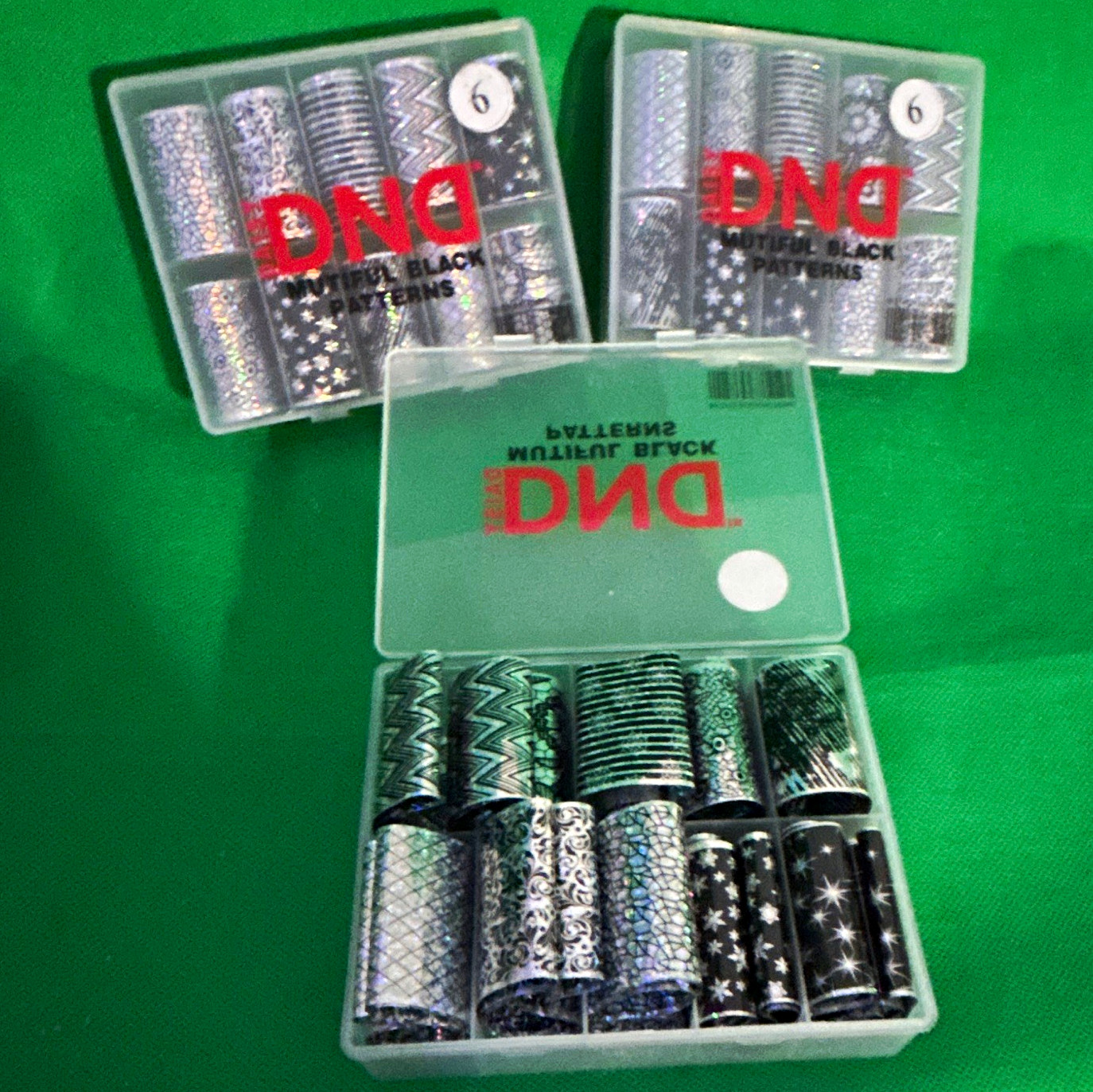 DND Nail Art Foils Set 6/ 10Rolls Holographic Black/Silver Geometric 3pk