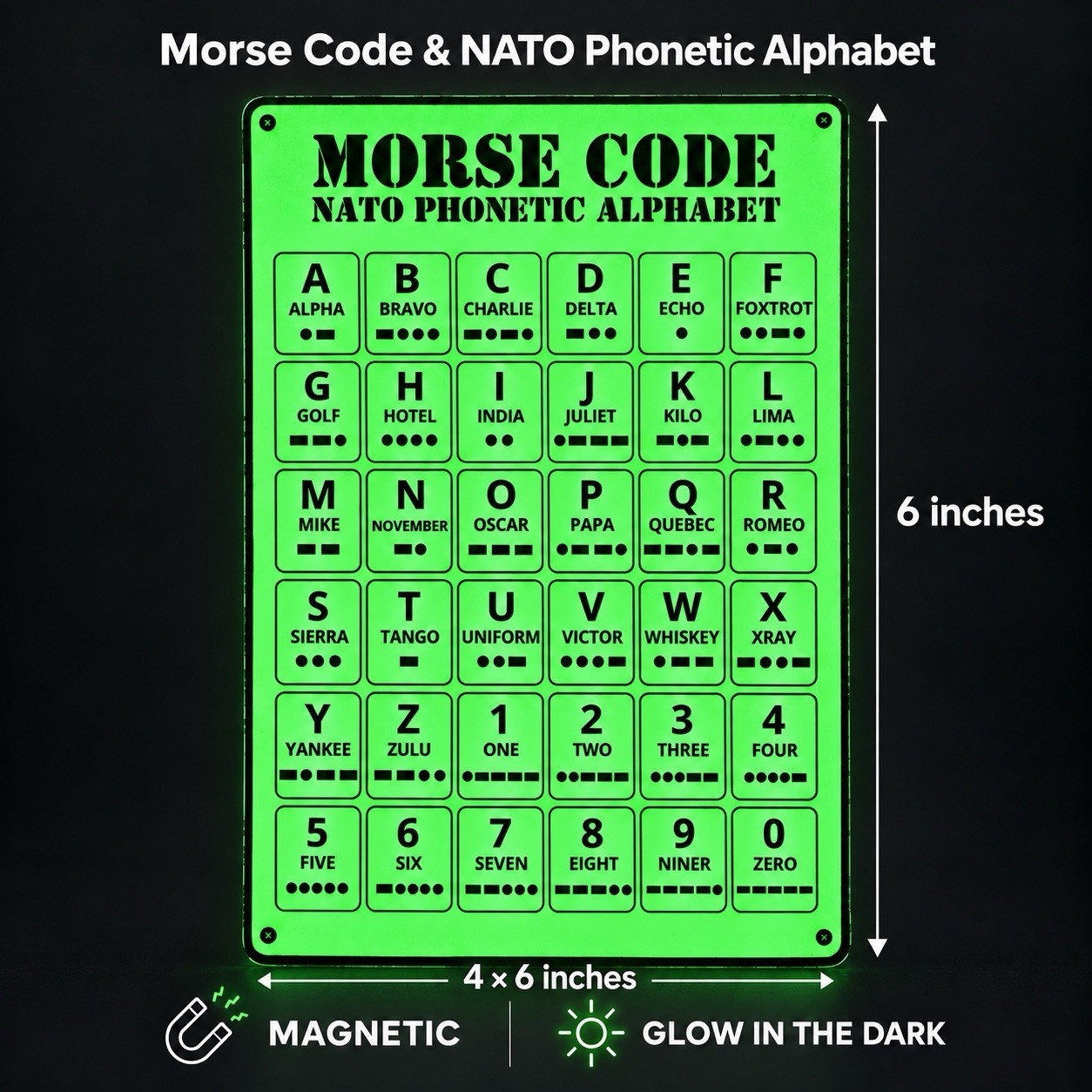 Morse Code & NATO Phonetic Alphabet Fridge Magnet 4x6 [Glow In The Dark]