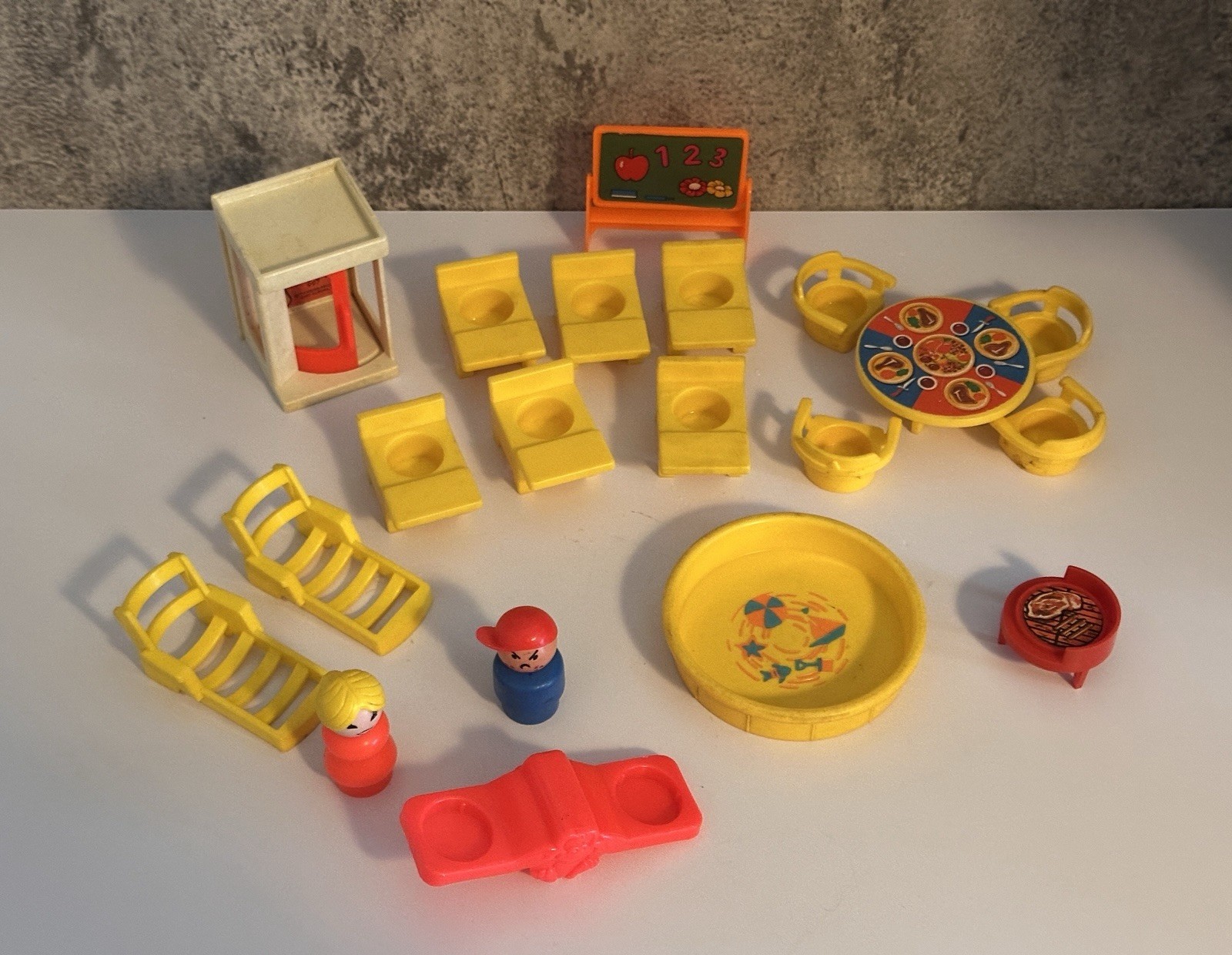 Vintage LOT OF 20 Fisher Price Little People Phone Booth, Pool, School, Picnic Vintage LOT OF 20 Fisher Price Little People Phone Booth, Pool, School, Picnic