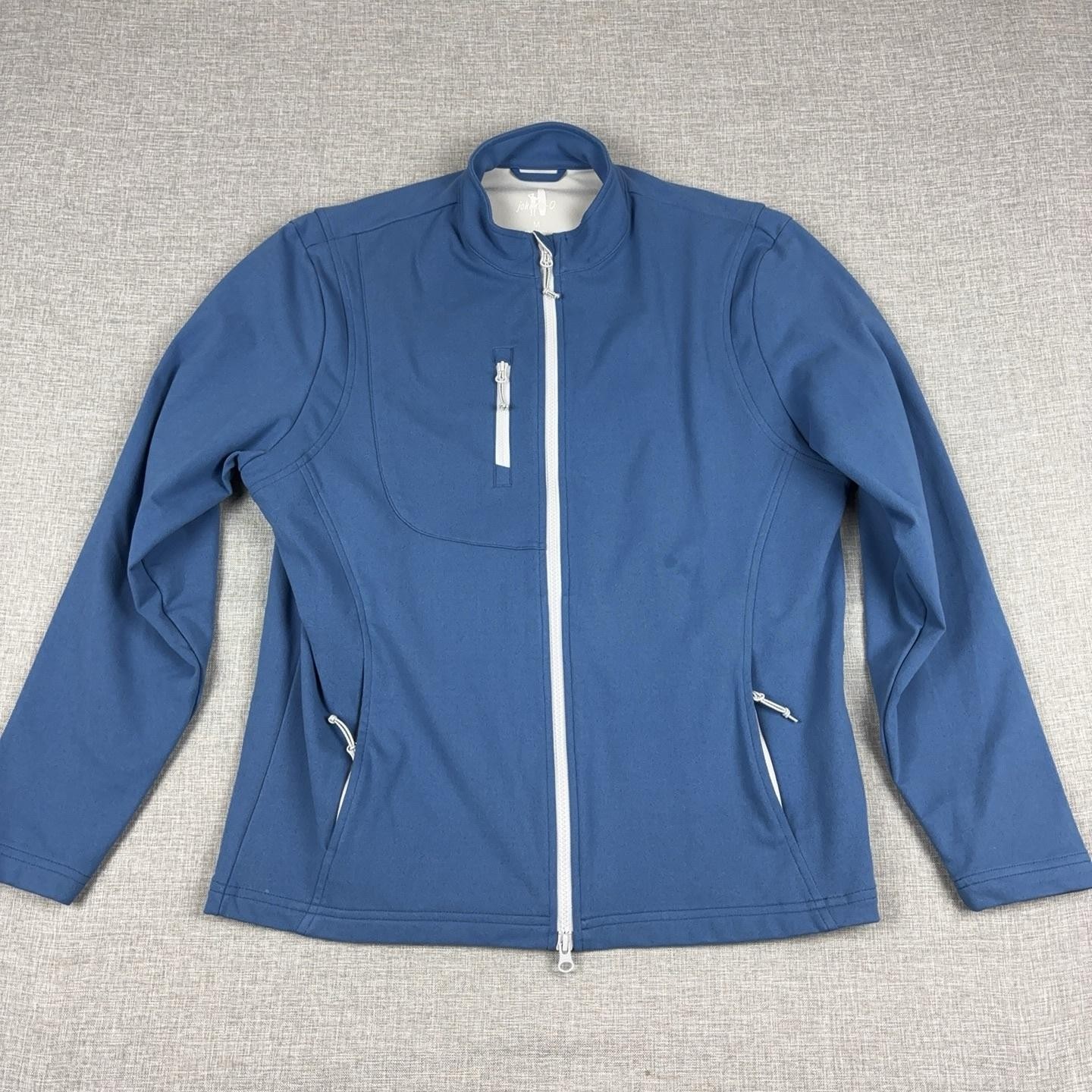 Johnnie-O The Fade Jacket Mens M Blue Lake Softshell Full Zip Pockets Stretch