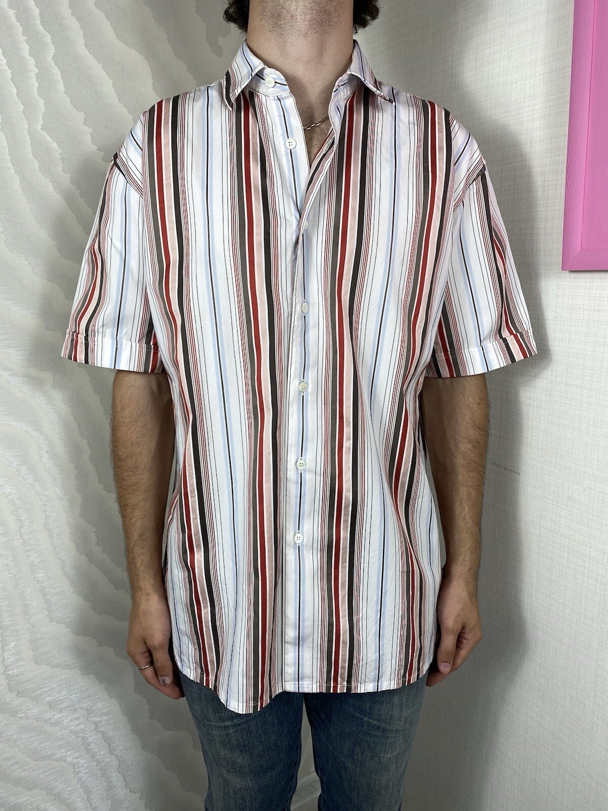 Salvatore Ferragamo Classic Striped Shirt Cotton Button Up Short Sleeve Vintage