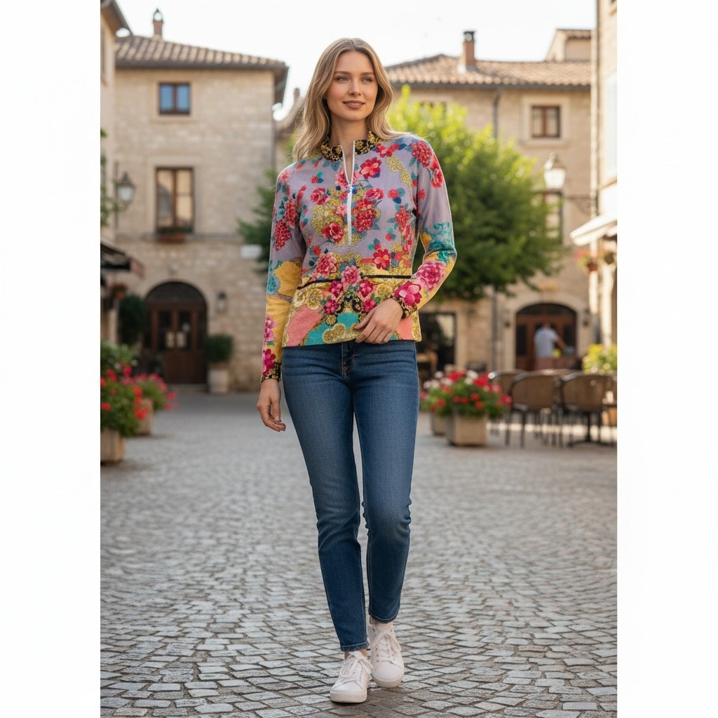 Johnny Was Women Lavender Floral Quarter Zip Mock Neck Top CSW2022-Y Medium NWT