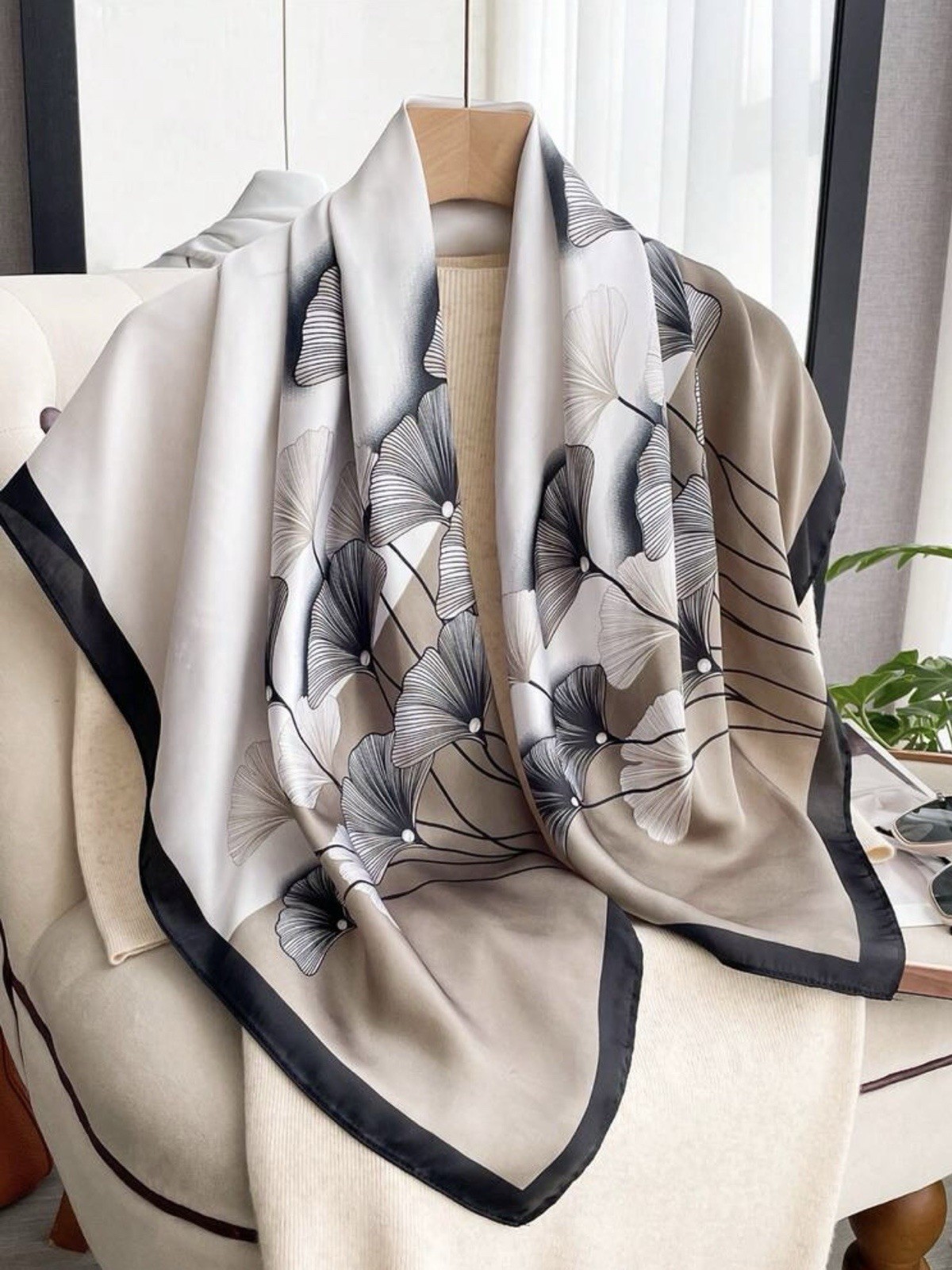 100% Silk Luxurious Gingko Leaf Printed Pattern Scarf. Premium Quality. 35”X 35”