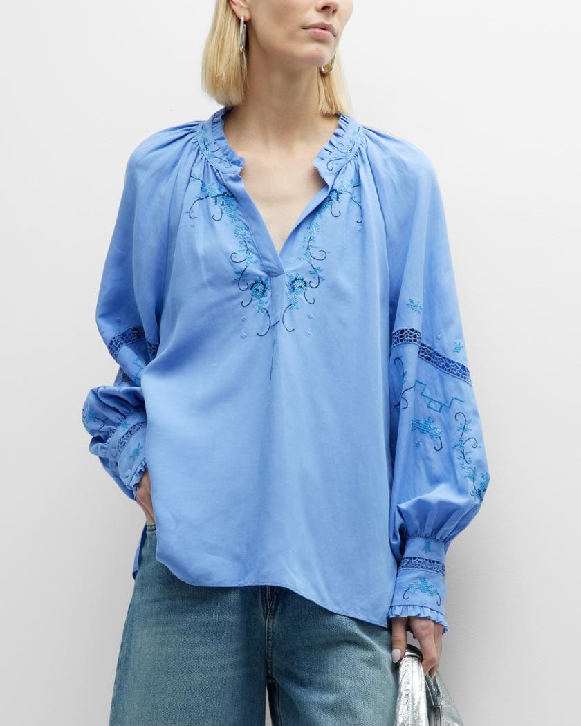 Kobi Halperin Farrah Embroidered Blouse Blue Eyelet Linen Blend Large Floral 
