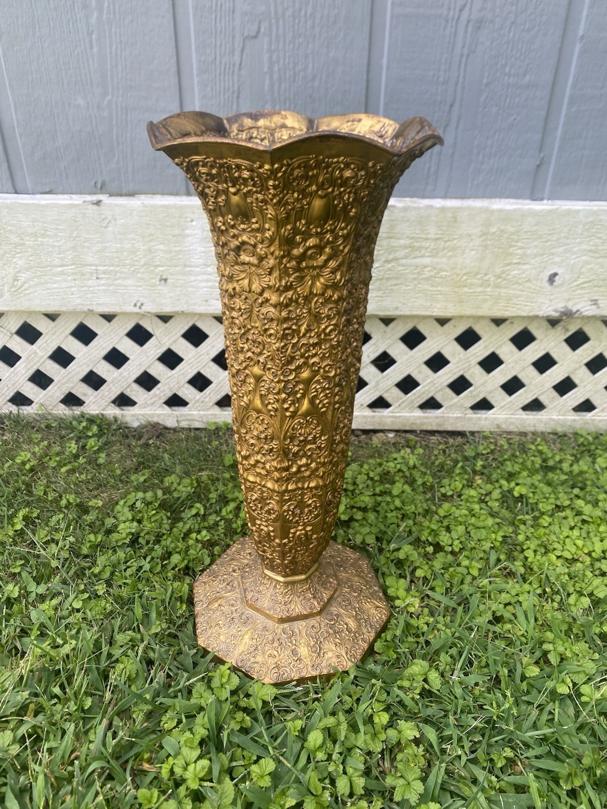 Antique Barbour Silver Co 18.5” Trumpet Floor Vase Gold BSCEP Repousse Gothic
