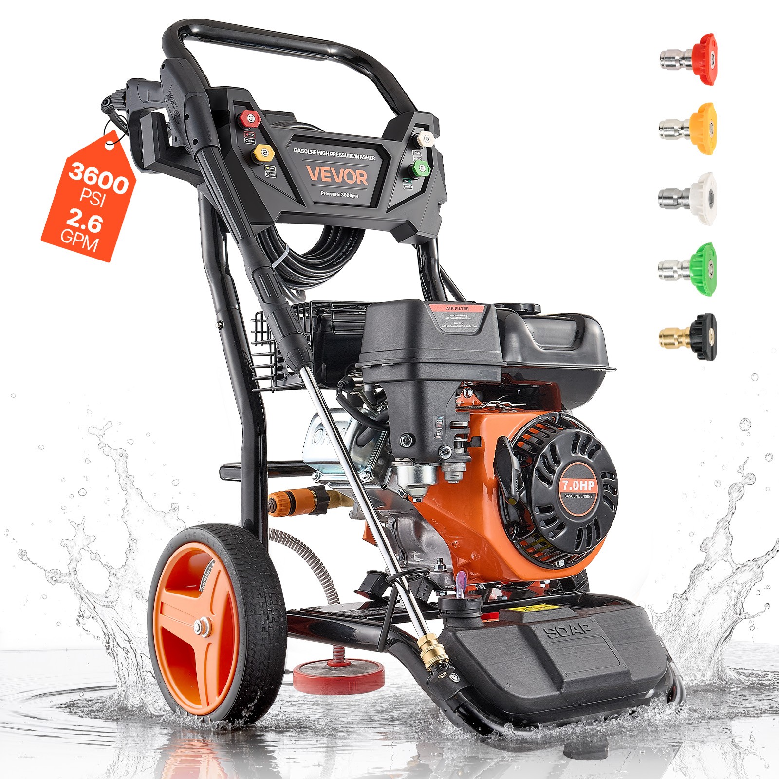 VEVOR Gas Pressure Washer 3600 PSI 2.6 GPM Copper Pump 5 Nozzles for Cars