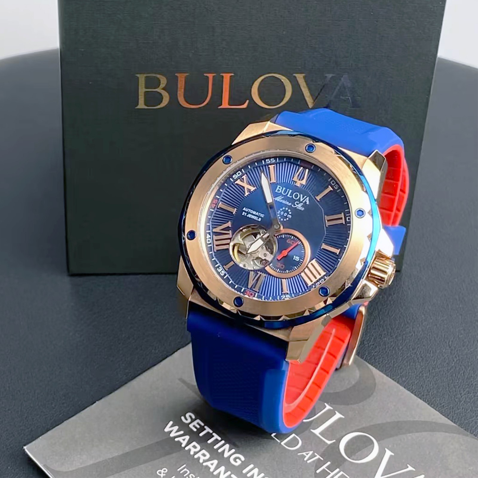 Men\'s Bulova Marine Star Blue Dial Red Silicon 98A227 Automatic Watch 45mm