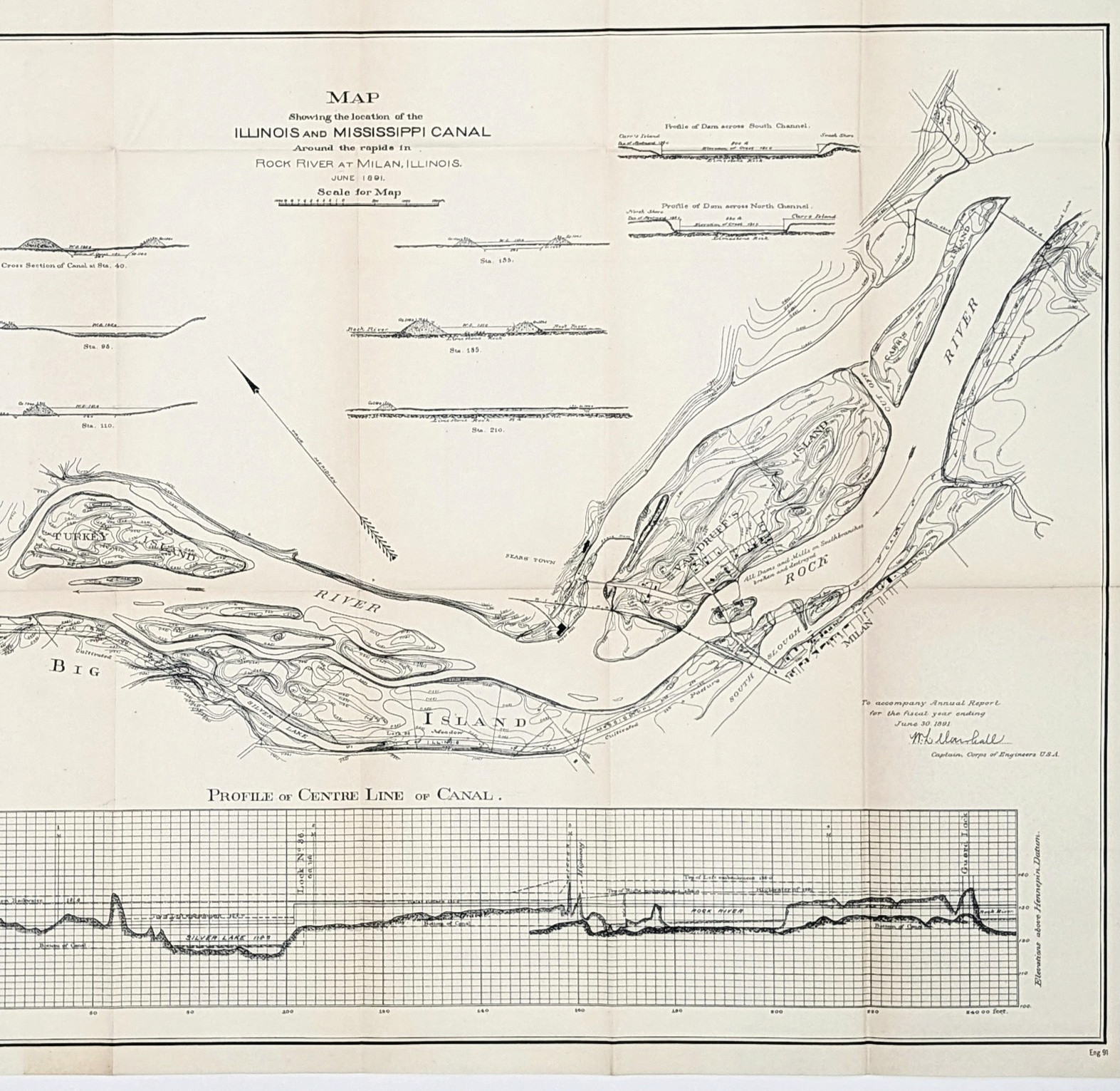 1891 ILLINOIS Map ROCK RIVER - Original - ILLINOIS & MISSISSIPPI CANAL 1891 ILLINOIS Map ROCK RIVER - Original - ILLINOIS & MISSISSIPPI CANAL