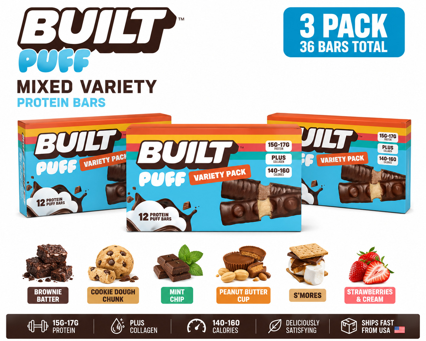 BUILT Puff Mixed Flavor Protein Bars 3 Pack 36 Count Assorted Variety Box
