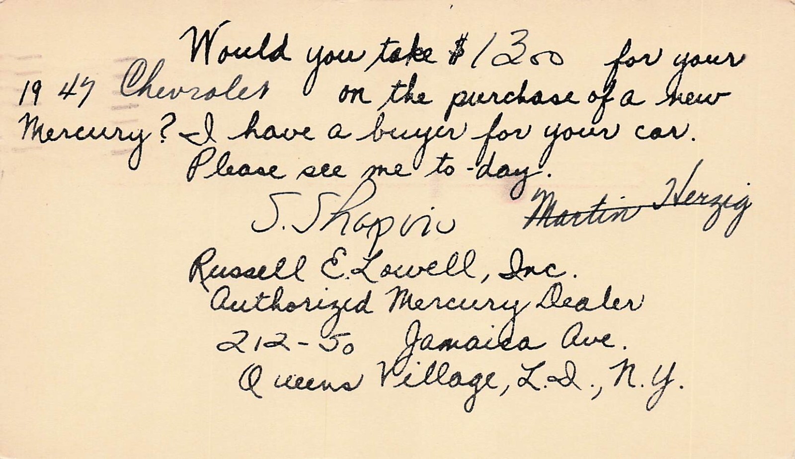 New York City Queens Village Mercury Car Dealer Russell Lowell Vtg Postcard F30