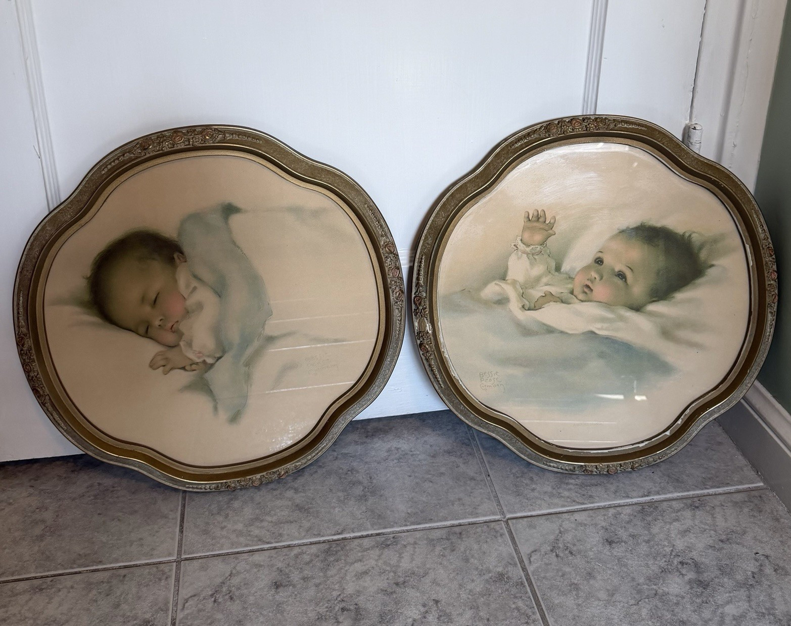Antique c1920 Bessie Pease Gutmann Baby Prints Pair Jordan Marsh Original Frames