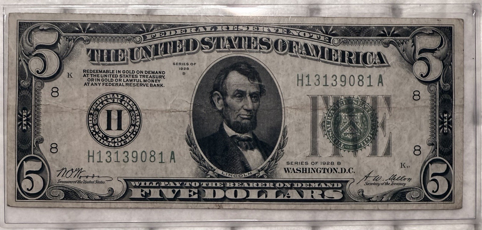 1928 $5 Gold Certificate Banknote, Series 1928 B, Serial H13139081A 1928 $5 Gold Certificate Banknote, Series 1928 B, Serial H13139081A
