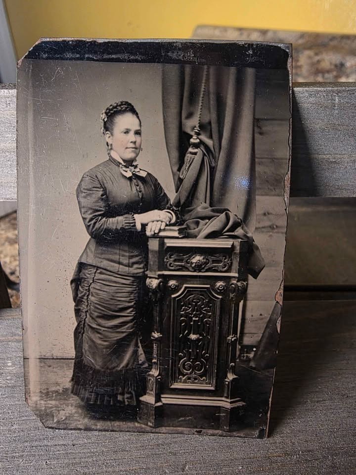 Antique Victorian Tintype Photo Woman Ornate Dress Jewelry Studio Pedestal 1800s