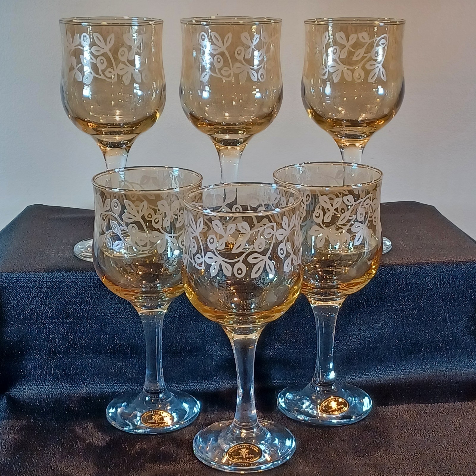 Cristalleria Fratelli Fumo Wine Glasses Amber Iridescent Made In Italy Set Of 6