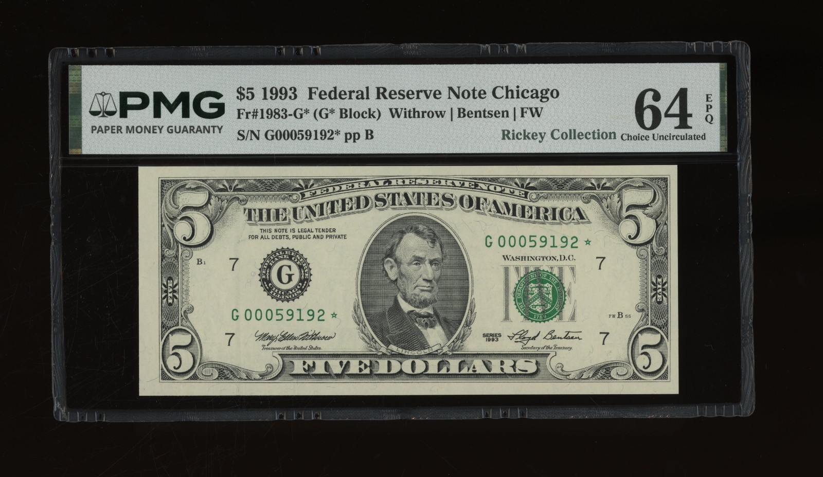 DBR 1993 $5 Chicago STAR Fr. 1983-G* PMG 64 EPQ Serial G00059192*