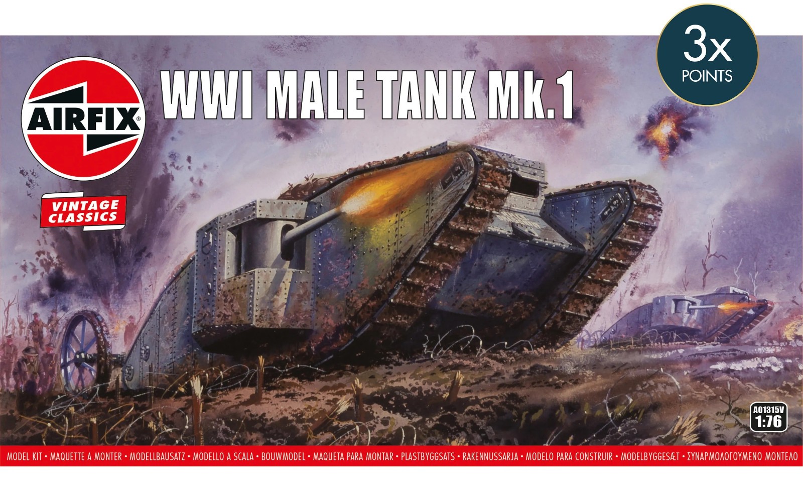 Airfix Vintage Classic WWI Male Tank Mk.I 1:76 Scale Model Tank Kit A01315V