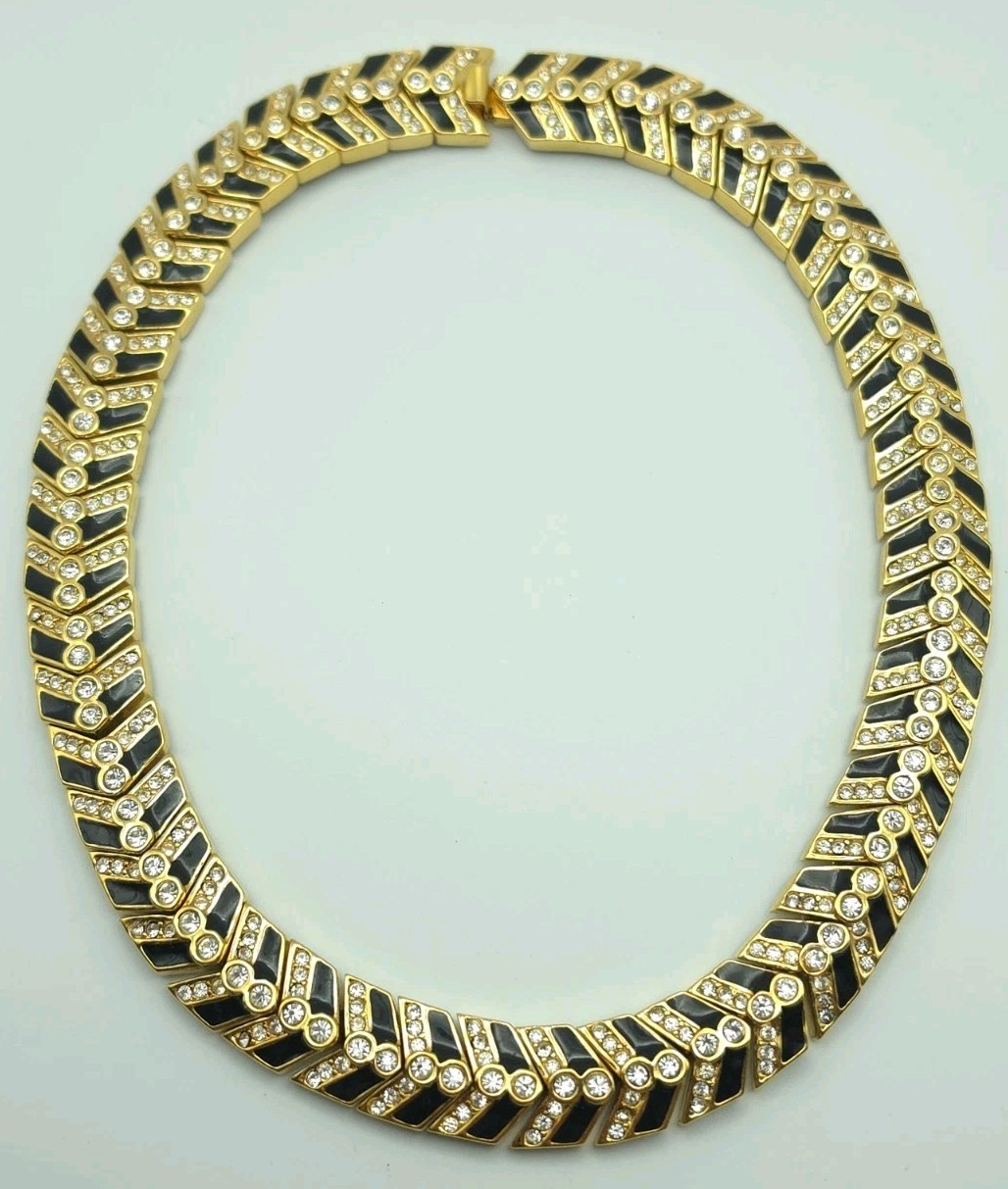 Vintage St. John Crystal Black Enamel Gold Tone Collar Necklace Signed SJ