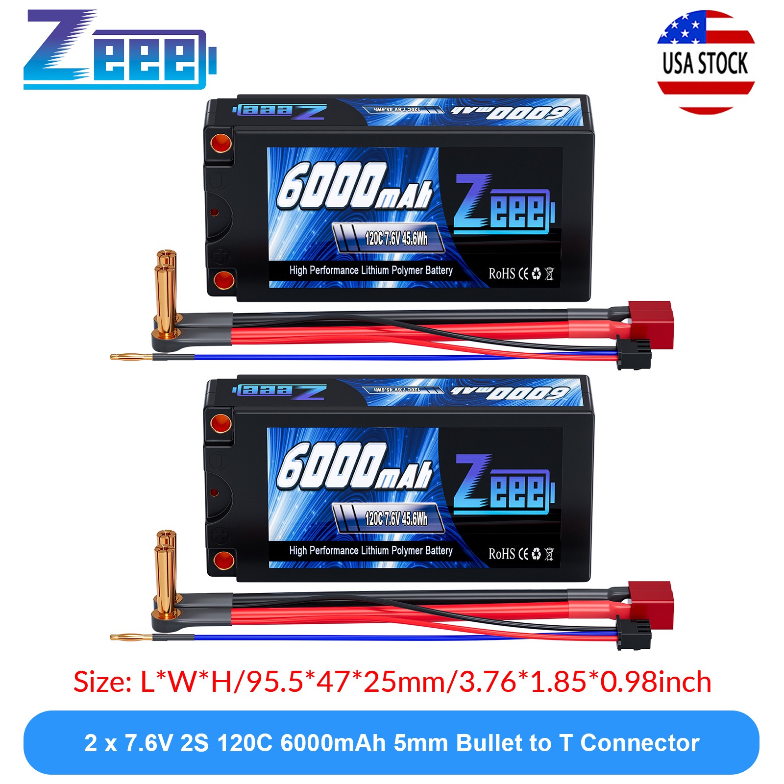 2xZeee 2S Shorty Lipo Battery 6000mAh 7.6V 120C 5mm Bullet T Plug for RC 1/10Car