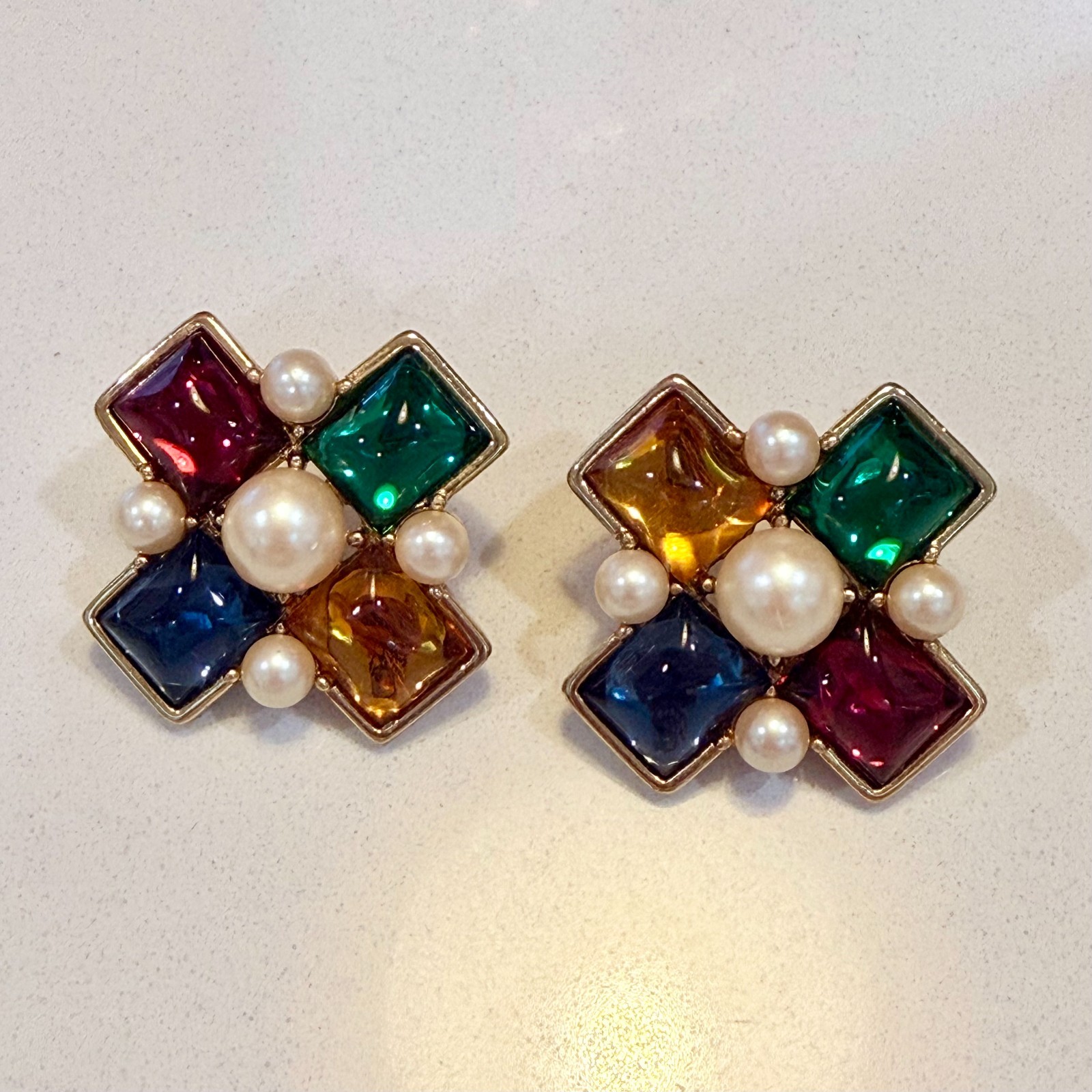 Vintage Monet Maltese Cross Cabochon Faux Pearl Post Earrings