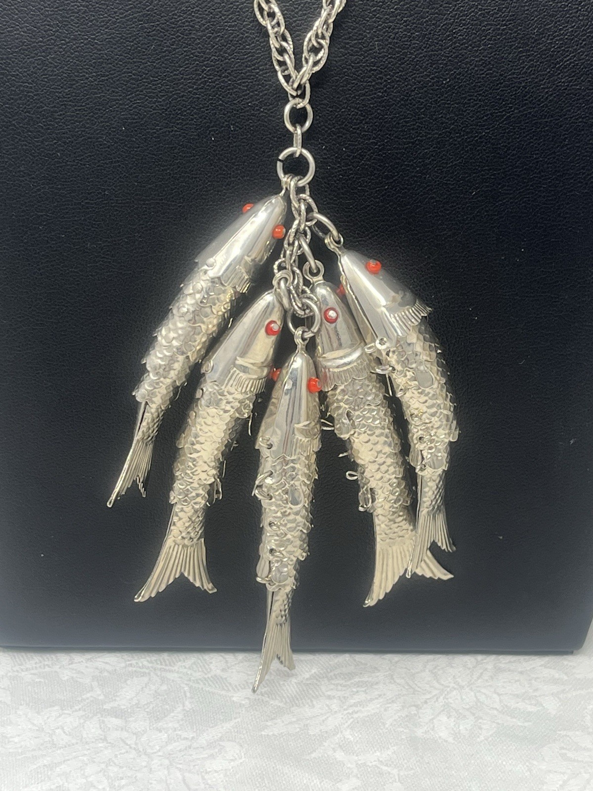 Vintage Germany 5 Handmade Articulated Movable Fish Necklace Red Glass Eye