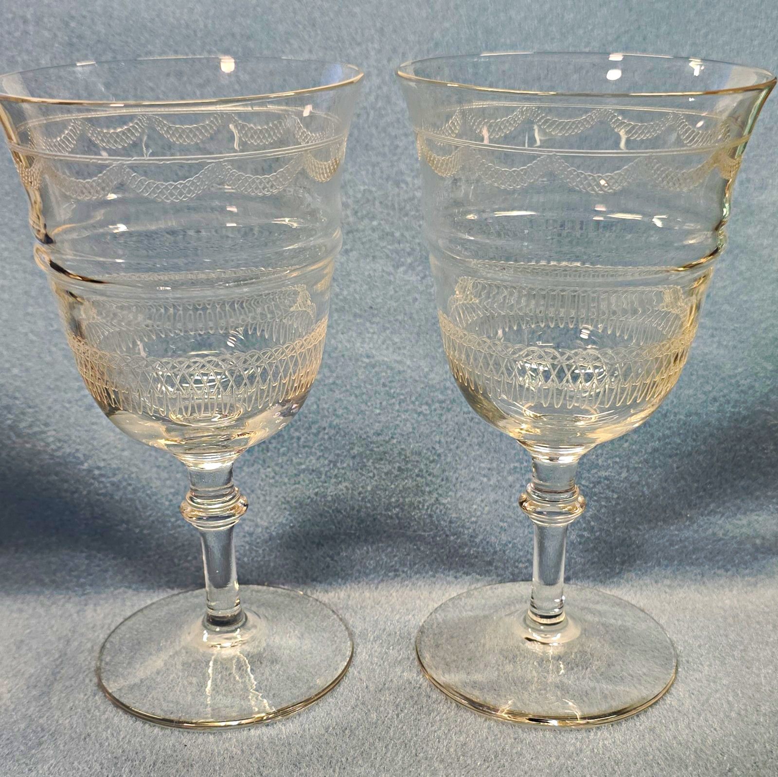 Antique Art Nouveau Etched Liqueur Wine Glasses Ribbon Meander c.1900 Pair