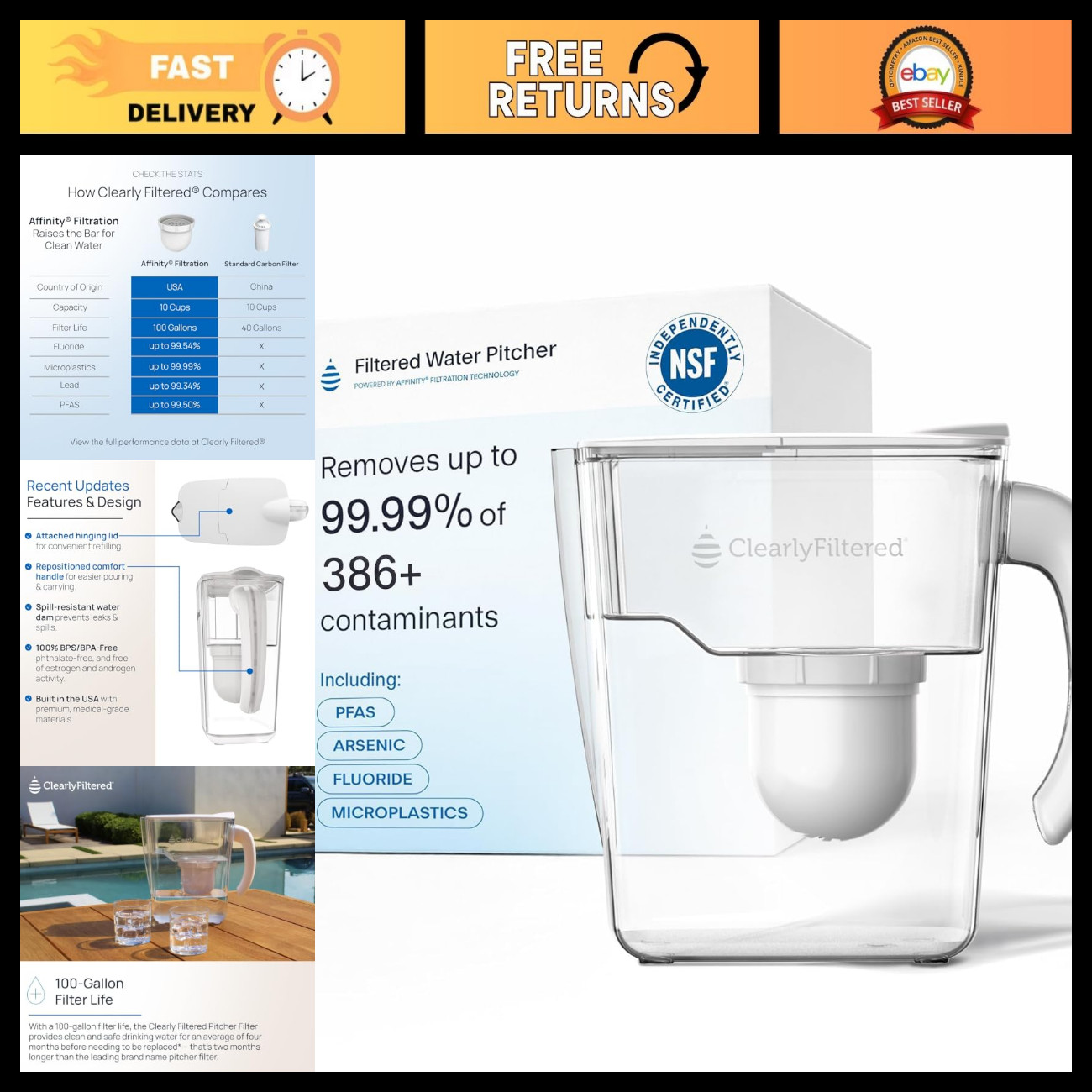 10-Cup BPA-Free Water Filter Pitcher, Premium Filtration System for Clean Water