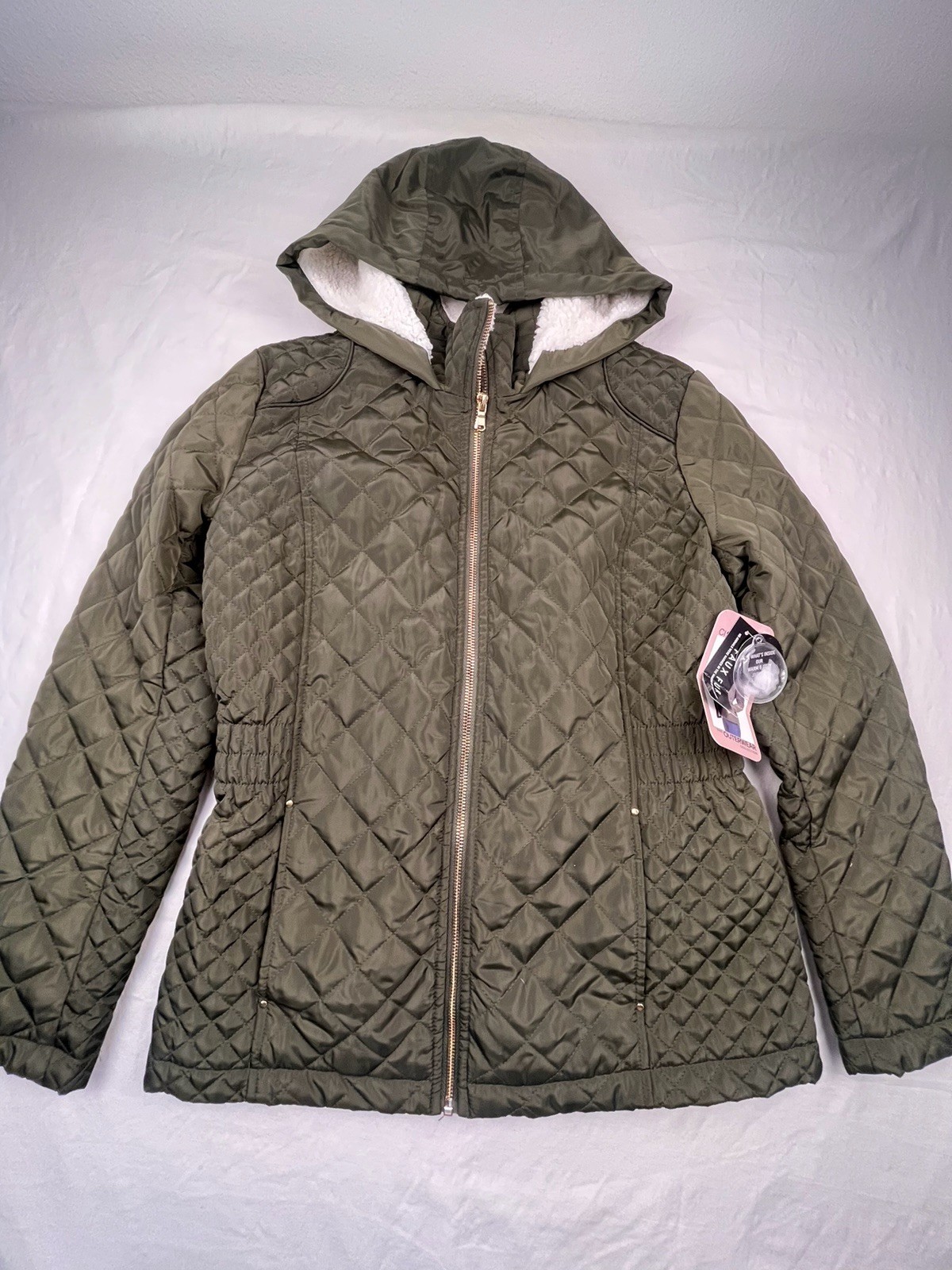 CiSONO Los Angeles Outerwear Women’s Olive Quilted Coat SZ L Faux Fur Lined NWT