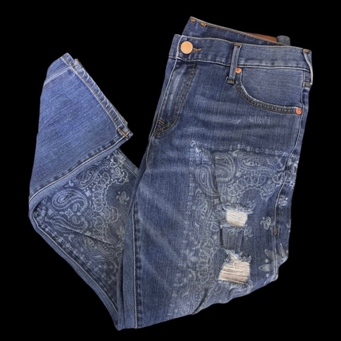 True Religion Cameron Slim Boyfriend Distressed Jeans W/Paisley Bandana Print 29