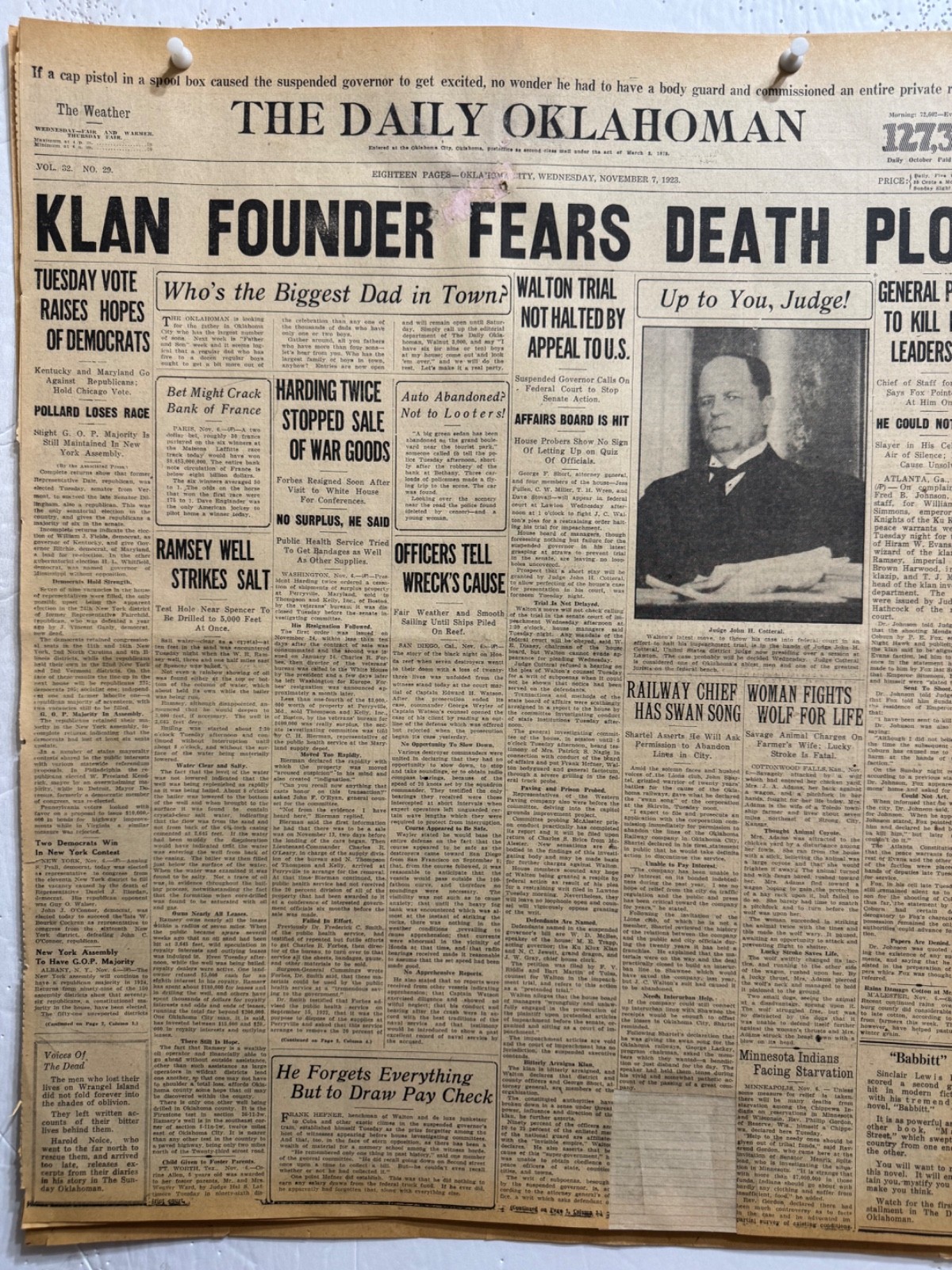 1923 KLAN FOUNDER FEARS DEATH (3) NEWSPAPER PAGES 1923 KLAN FOUNDER FEARS DEATH (3) NEWSPAPER PAGES