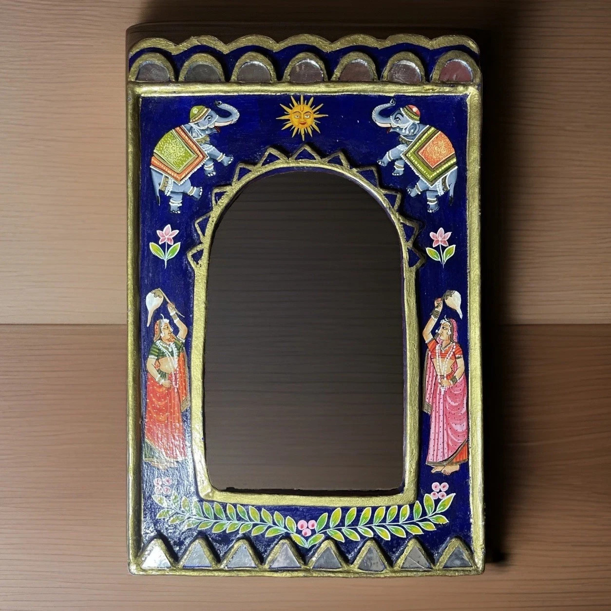 Vintage Indian Rajasthani Hand Painted Wood Jharokha Mirror Frame Elephant Art