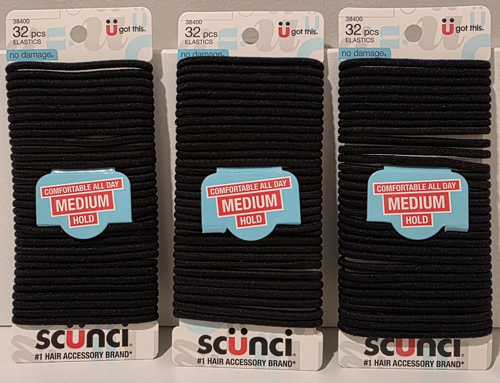 New Scunci Black Elastic Hair Tie 3-Pack of 32 Count Medium Hold No Damage New Scunci Black Elastic Hair Tie 3-Pack of 32 Count Medium Hold No Damage