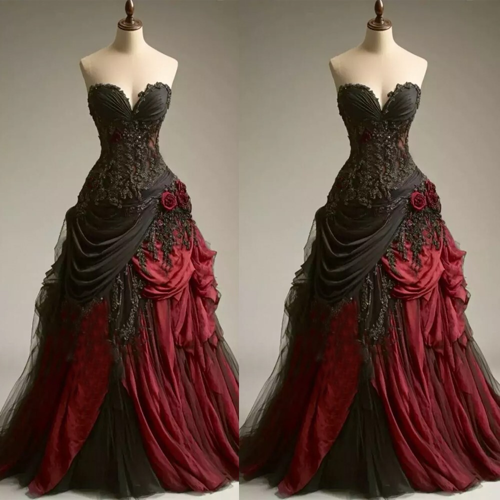 Gothic Black and Red Wedding Dresses Strapless Ruffled 3D Flowers Bridal Gowns Gothic Black and Red Wedding Dresses Strapless Ruffled 3D Flowers Bridal Gowns