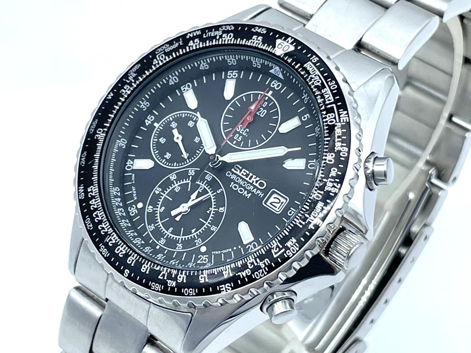 SEIKO Flight master Men\'s Chronograph Watch Black Dial 7T92-0CF0 Good condition