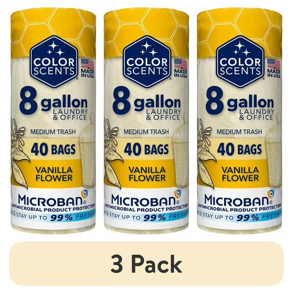 (3 pack) Color Scents Medium 8-Gallon Twist Tie Trash Bags, Vanilla Flower Scent (3 pack) Color Scents Medium 8-Gallon Twist Tie Trash Bags, Vanilla Flower Scent