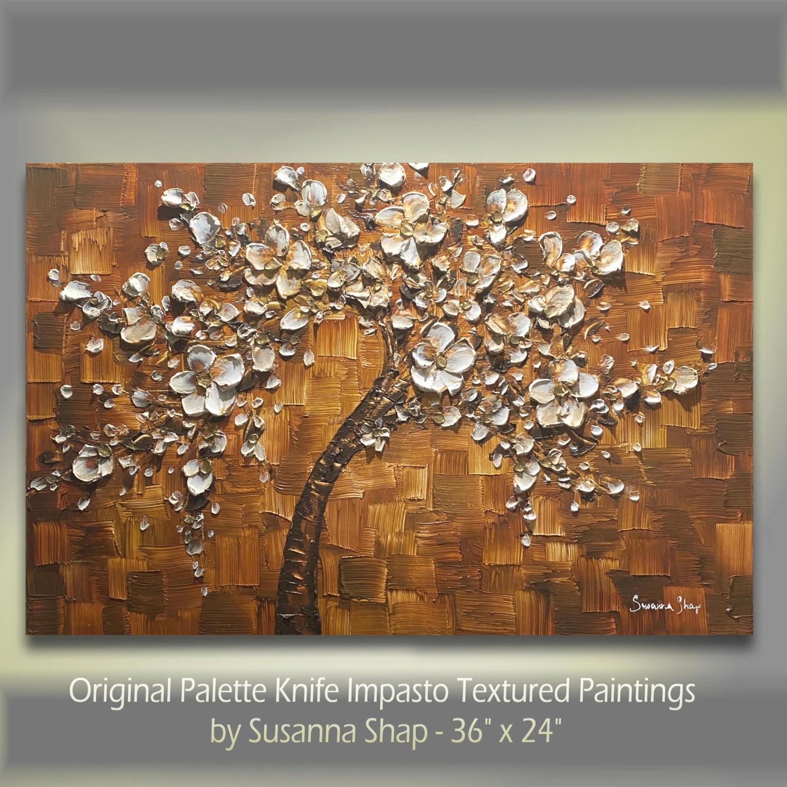 Original textured abstract tree painting, brown white Cherry Blossom 36\