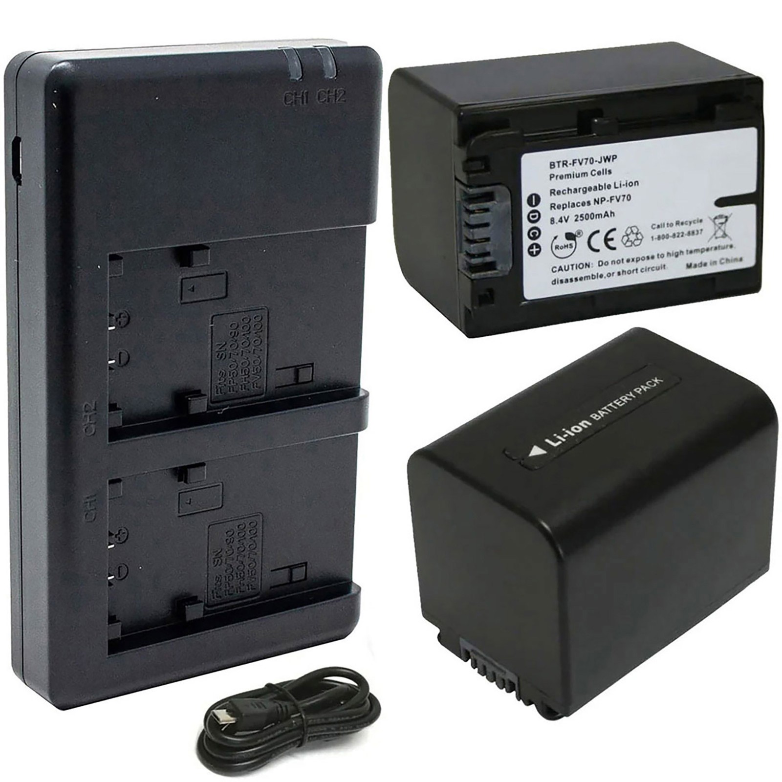 Replacement for Sony NP-FV70 Battery (2-Pack, 2500mAh) and Dual Charger
