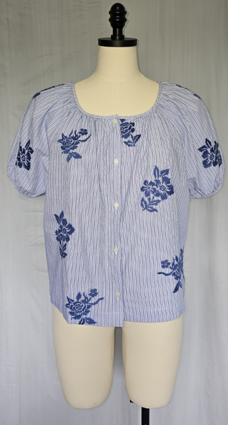 J.Crew Women\'s Puff-Sleeve Button-Up Top Embroidered Floral Stripe Blue White M