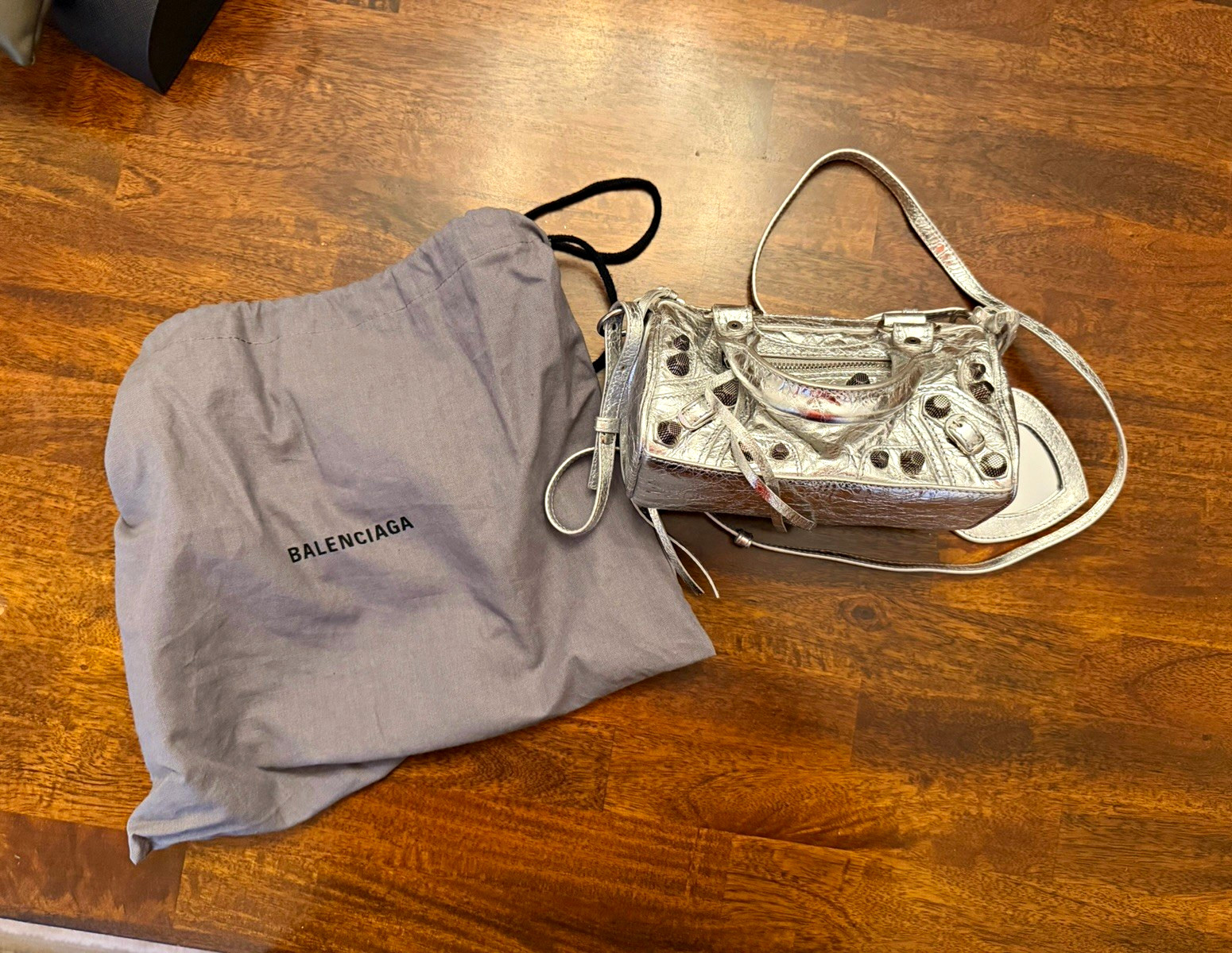 Balenciaga Silver Metallic Mini Crossbody Bag Top Handle Dust Bag