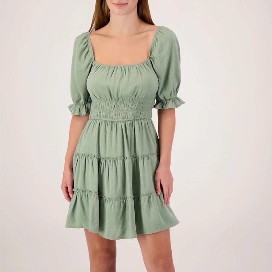 Trixxi Juniors Solid Short Sleeve Tiered Dress Size M Olive NEW