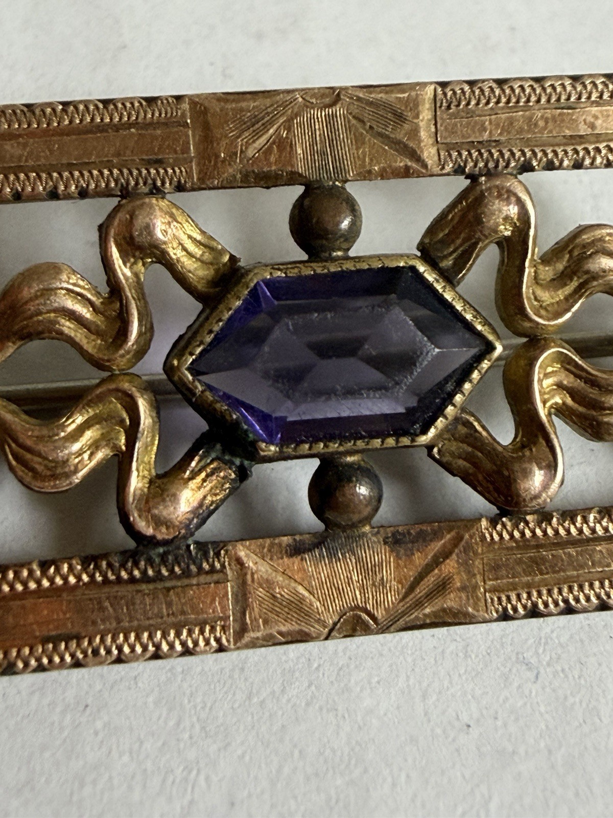 Ant Edwardian/Vic G.L.P. Sash Pin Art Nouveau C Clasp Gold Filled Amethyst Glass Ant Edwardian/Vic G.L.P. Sash Pin Art Nouveau C Clasp Gold Filled Amethyst Glass