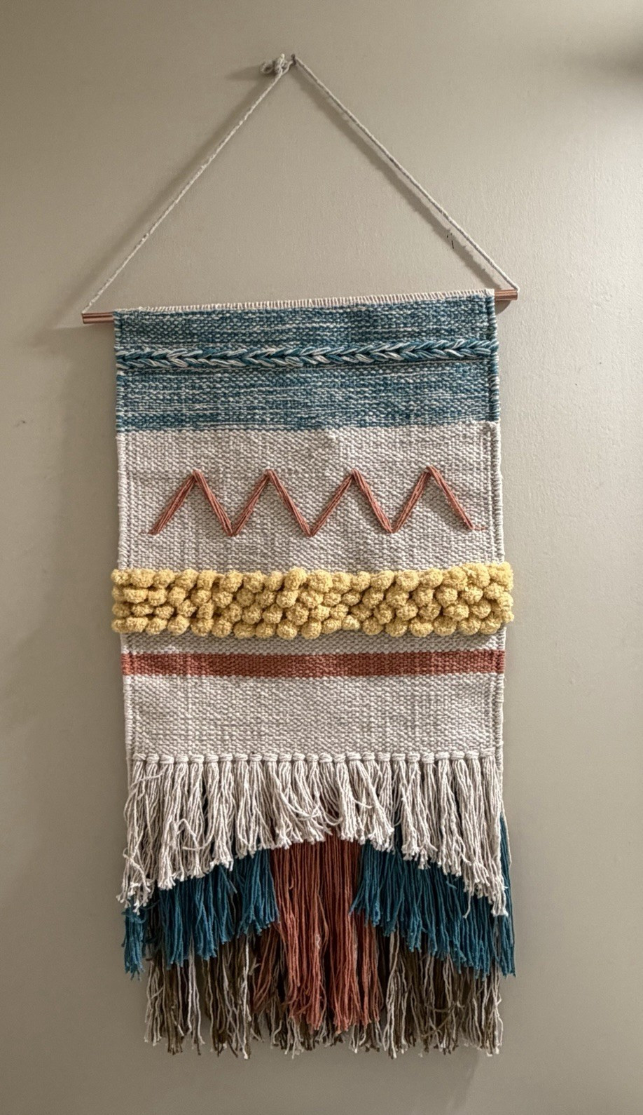 Boho Woven Wall Hanging Tapestry with Fringe, Teal White Rust Multicolor